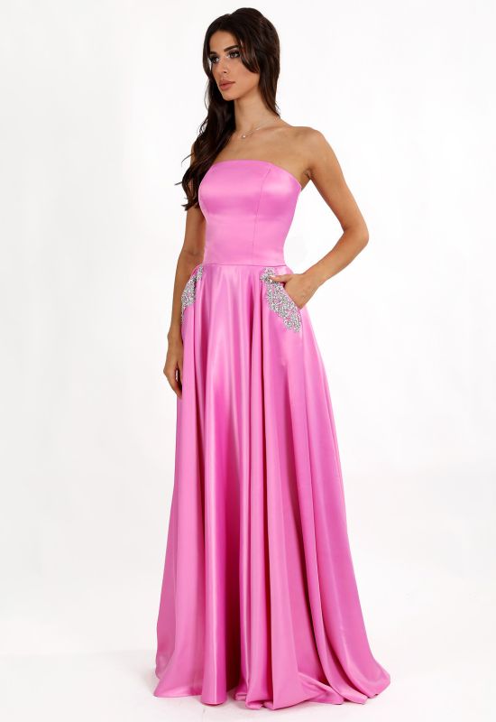 G 3023 Вечірнє плаття на корсеті з атласу з вишитими кишенями (рожевий)