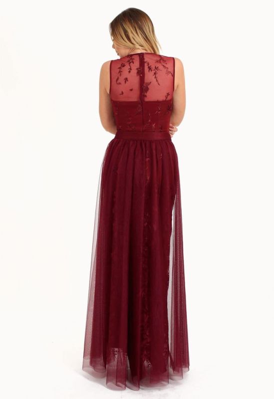 G 3028 Платье вечернее со съемной юбкой из сетки (бордовый)