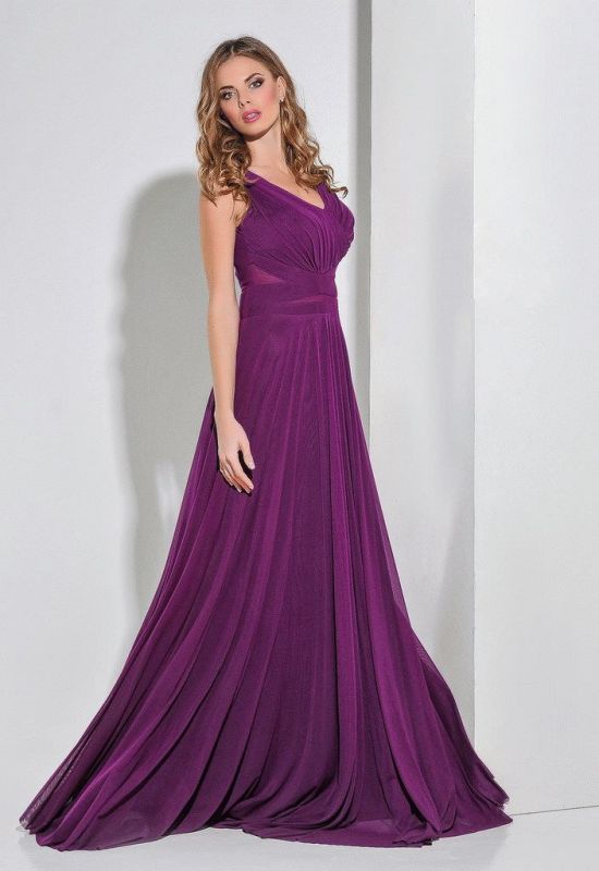 G 3057 Платье вечернее с просветом из евросетки на талии (фиолетовый)