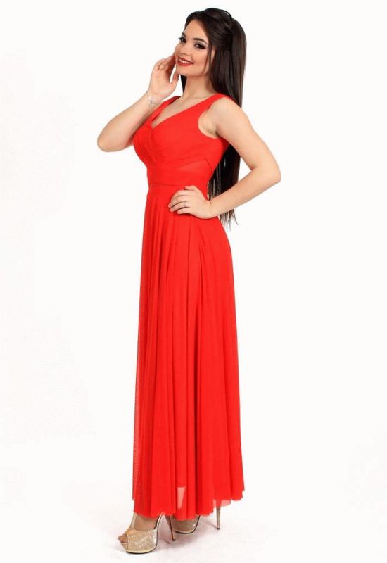 G 3057 Платье вечернее с просветом из евросетки на талии (красный)