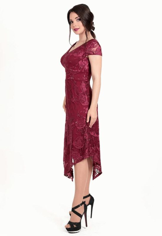 G 3067 Платье вечернее гипюровое с асимметричным низом (бордовый)