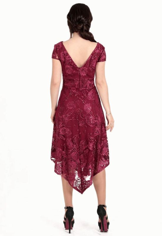 G 3067 Платье вечернее гипюровое с асимметричным низом (бордовый)
