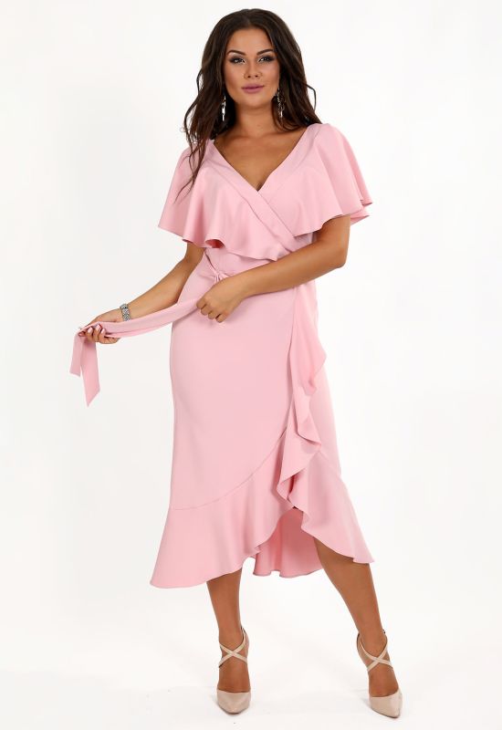 G 3080 Платье коктейльное на запах с рюшами (розовый)