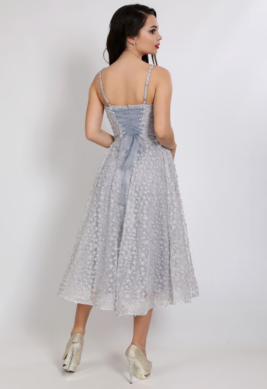 G 3108 Платье вечернее на брителях с 3D-цветами на сетке (серебряный)