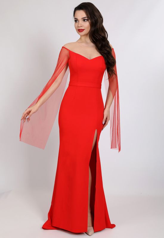 G 3125 Сукня вечірня з рукавами із сітки (червоний)