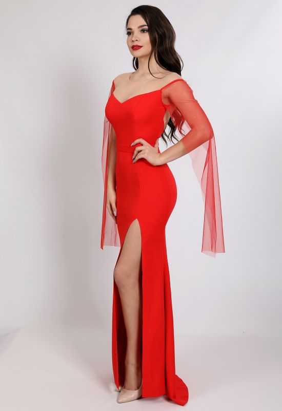 G 3125 Платье вечерне с рукавами из сетки (красный)