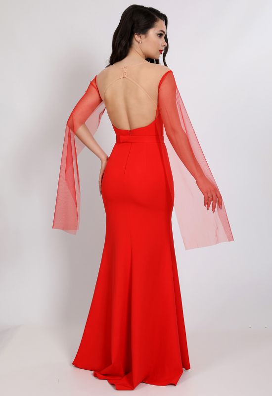 G 3125 Сукня вечірня з рукавами із сітки (червоний)
