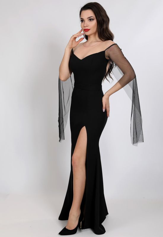 G 3125 Сукня вечірня з рукавами із сітки (чорний)