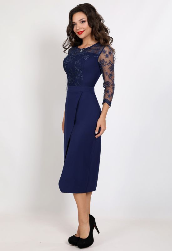 G 3177 Платье вечернее с гипюровыми вставками с имитацией запаха (темно-синий)