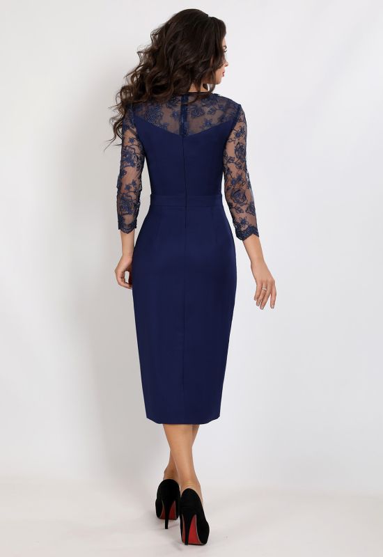 G 3177 Платье вечернее с гипюровыми вставками с имитацией запаха (темно-синий)