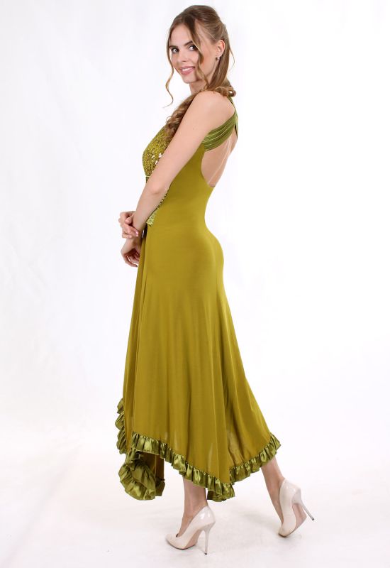 KBT 0568 Платье коктейльное расшитое пайетками со шнуровкой на спине (оливковый)