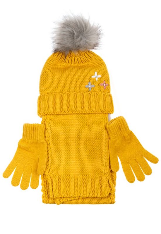 Комплект деткий для девочки шапка шарф и перчатки однотонный с декором 65PG5109 junior (горчичный)