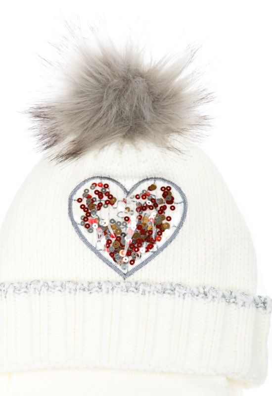 Комплект деткий для девочки шапка шарф и перчатки с декором «Сердце» 65PG5117 junior (молочный)