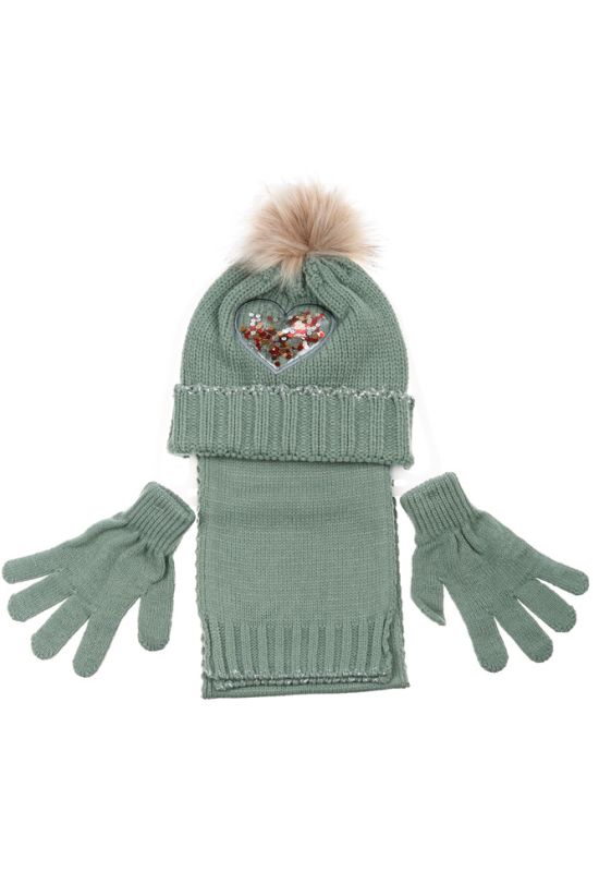 Комплект деткий для девочки шапка шарф и перчатки с декором «Сердце» 65PG5117 junior (оливковый)