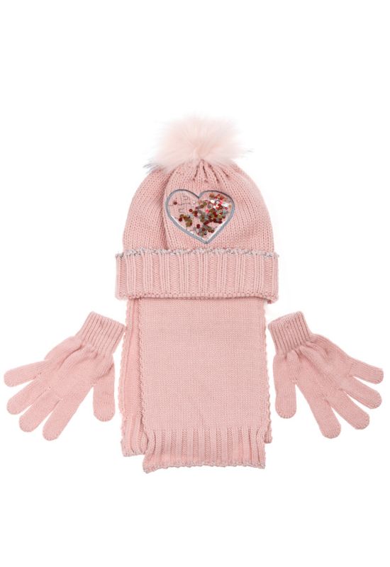 Комплект дитячий для дівчинки шапка шарф та рукавички з декором «Серце» 65PG5117 junior (пудра)