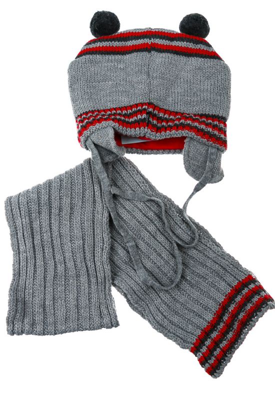 Комплект дитячий для хлопчика шапка та шарф «Ведмедик» 65PB0009-1 junior (сірий/червоний)