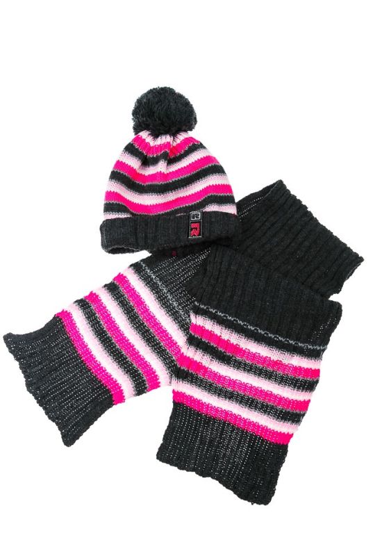 Комплект дитячий шапка та шарф в смужку 65P15-013 junior (грифельний/малиновий)