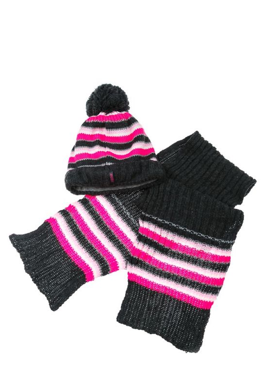 Комплект дитячий шапка та шарф в смужку 65P15-013 junior (грифельний/малиновий)