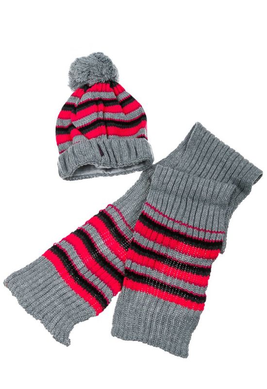 Комплект детский шапка и шарф в полоску 65P15-013 junior (серый/коралловый)