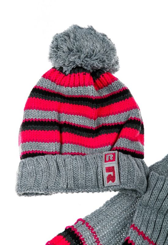 Комплект детский шапка и шарф в полоску 65P15-013 junior (серый/коралловый)