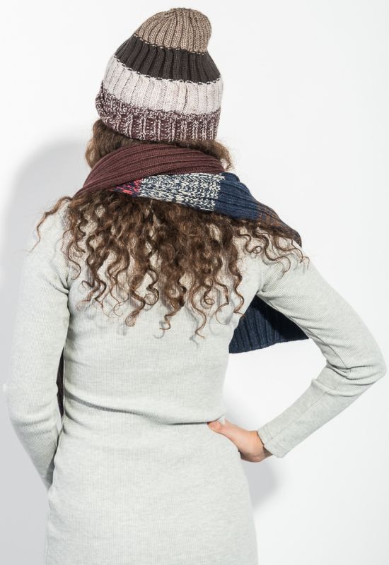 Комплект универсальный шарф шапка в полоску 65P3561 (бордовый/коричневый)