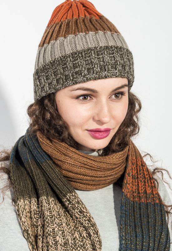 Комплект универсальный шарф шапка в полоску 65P3561 (хаки/терракотовый)
