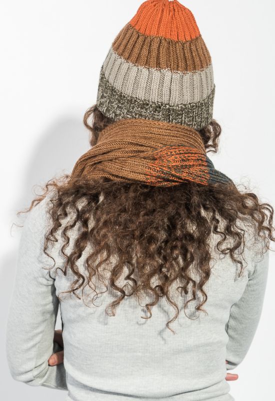 Комплект універсальний шарф шапка в смужку 65P3561 (хакі/теракотовий)