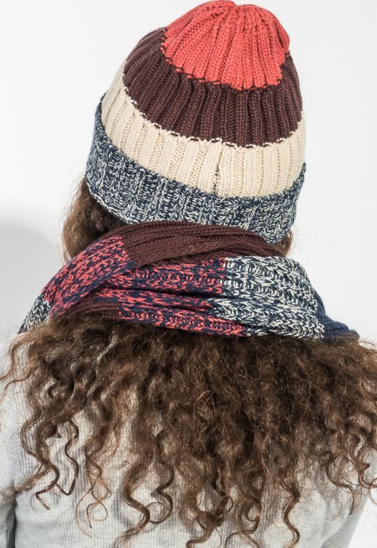 Комплект універсальний шарф шапка в смужку 65P3561 (синій/бордовий)