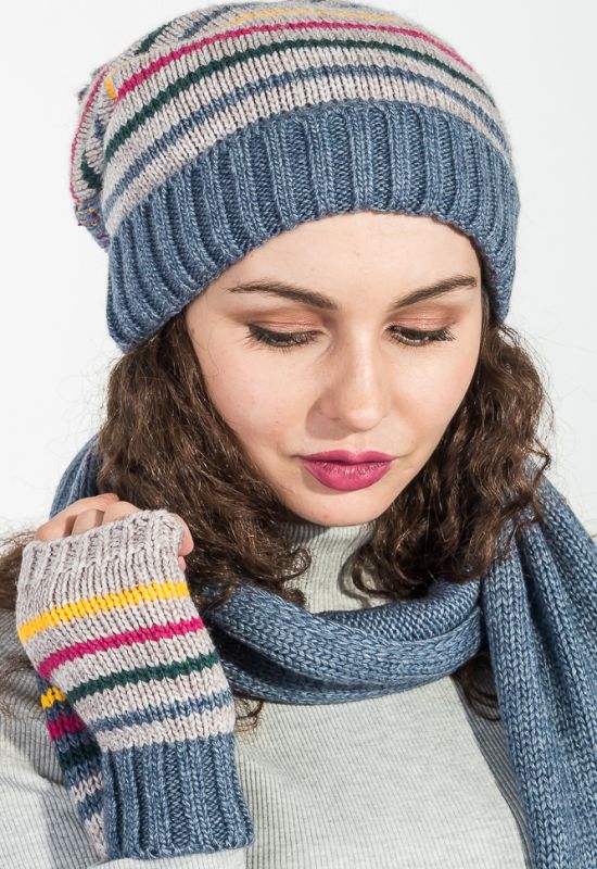 Комплект женский шапка шарф и митенки в полоску 65PF3062 (индиго/серый)