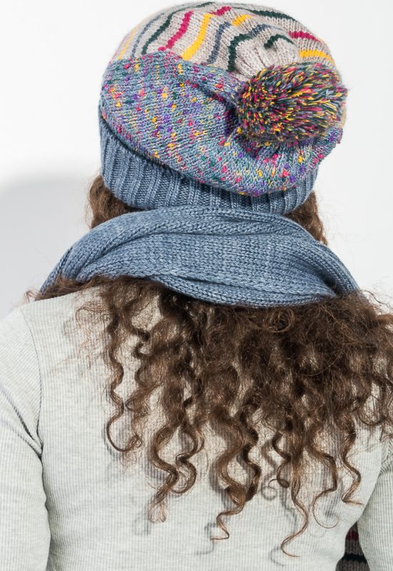 Комплект женский шапка шарф и митенки в полоску 65PF3062 (индиго/серый)