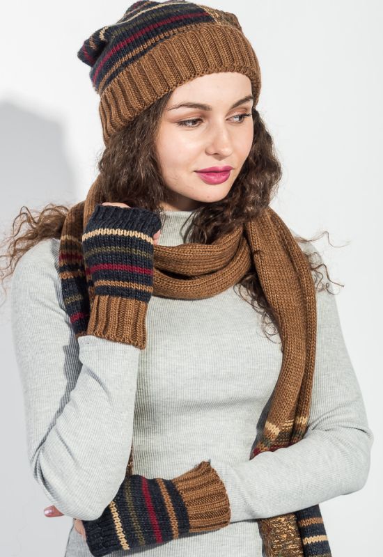Комплект женский шапка шарф и митенки в полоску 65PF3062 (коричневый/синий)