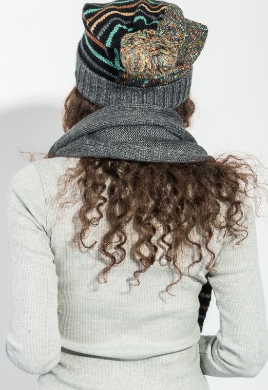 Комплект жіночий шапка шарф та мітенки в смужку 65PF3062 (попелястий/чорний)
