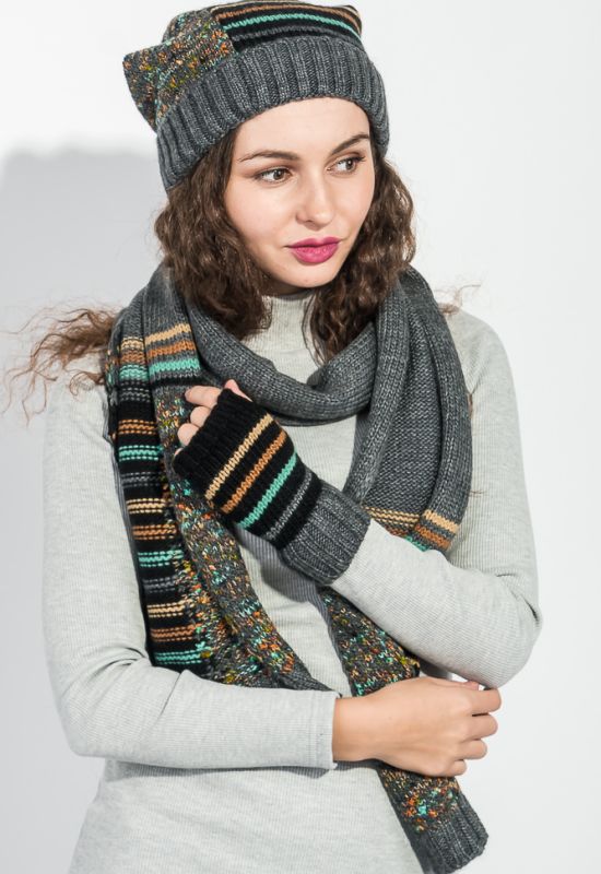 Комплект жіночий шапка шарф та мітенки в смужку 65PF3062 (попелястий/чорний)