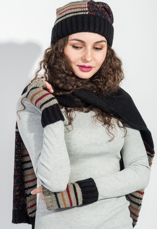 Комплект женский шапка шарф и митенки в полоску 65PF3062 (черный/серый)