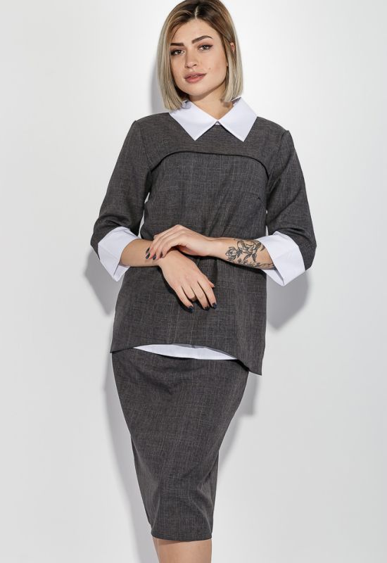 Костюм женский блузка и юбка батал деловой имитация двойки 74PD307 (серый/меланжевый)