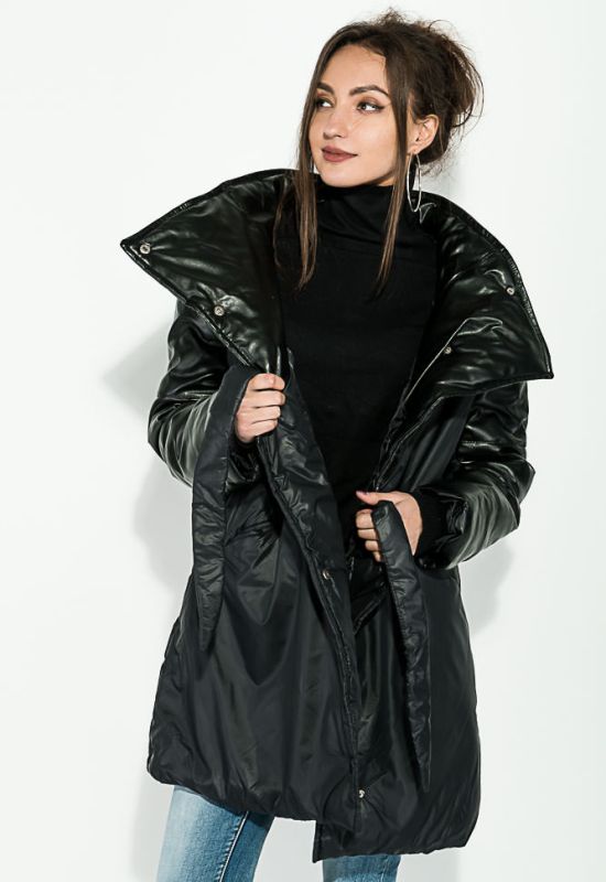 Куртка женкая длинная двухфактурная со вставками экокожи 72PD754 (черный)