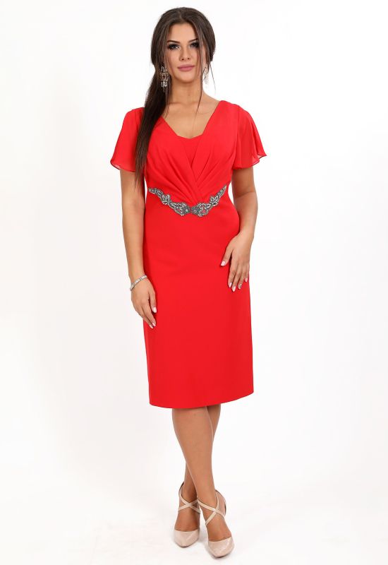 P 0086 Платье коктейльное с рукавами-крыльями и вышивкой камнями (красный)