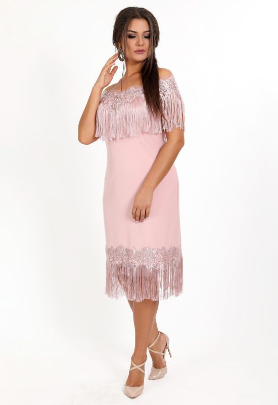 P 0939 Платье коктейльное с бахромой (розовый)