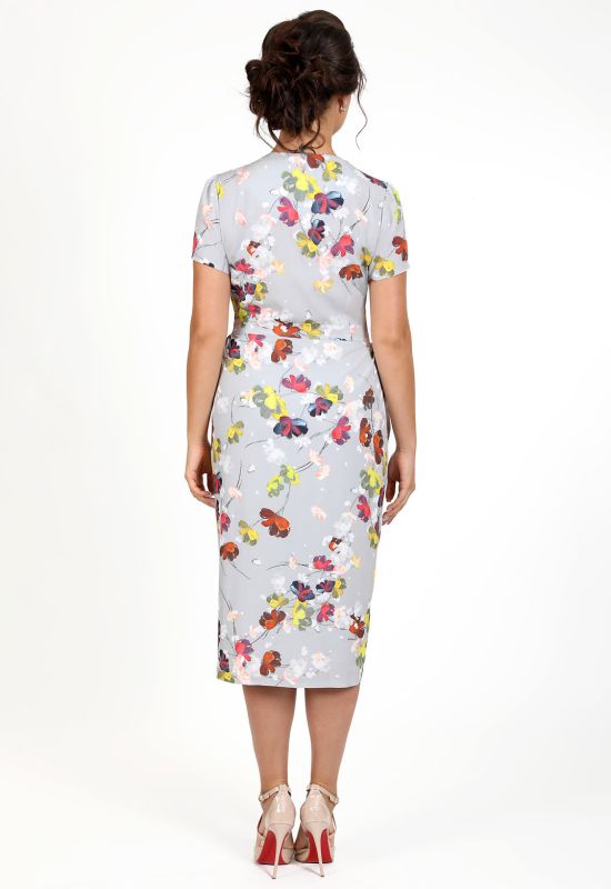 P 0973 Платье коктейльное на запАх с цветочным принтом (серебряный)