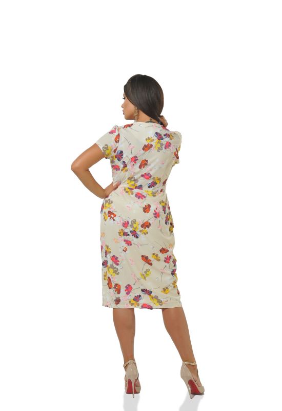 P 0973 Платье коктейльное на запАх с цветочным принтом (лимонный)