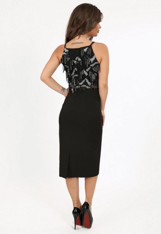 P 0990 Платье коктейльное с верхом из бахромы в виде паетки (черный)