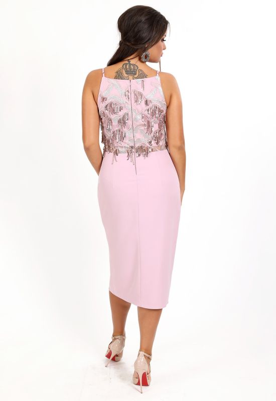 P 0990 Платье коктейльное с верхом из бахромы в виде паетки (розовый)