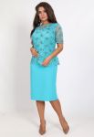 P 0993 A Платье коктейльное с гипюровой имитацией накидки (бирюзовый)