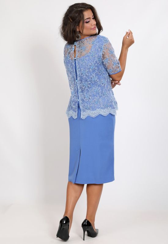 P 0993 A Платье коктейльное с гипюровой имитацией накидки (темно-синий)