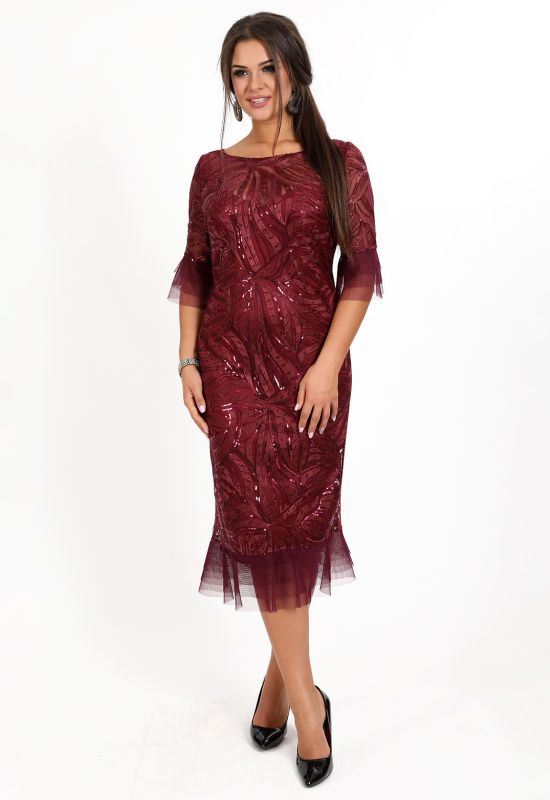 P 0995 Платье коктейльное с рукавами-колоколами и юбкой годе (бордовый)
