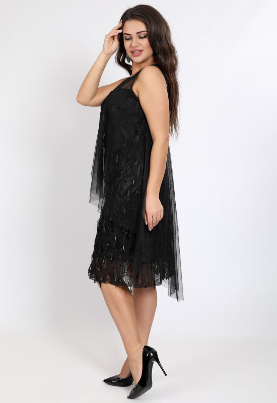 P 1046 Платье коктейльное с имитацией накидки из сетки (черный)
