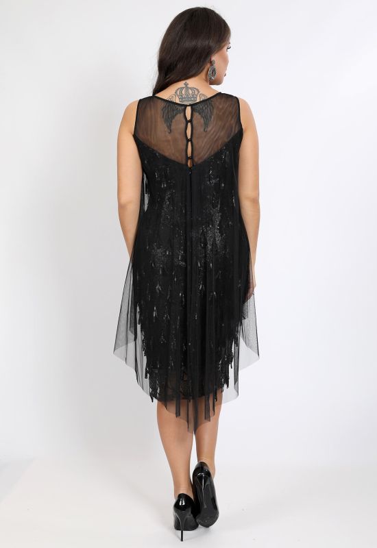 P 1046 Платье коктейльное с имитацией накидки из сетки (черный)
