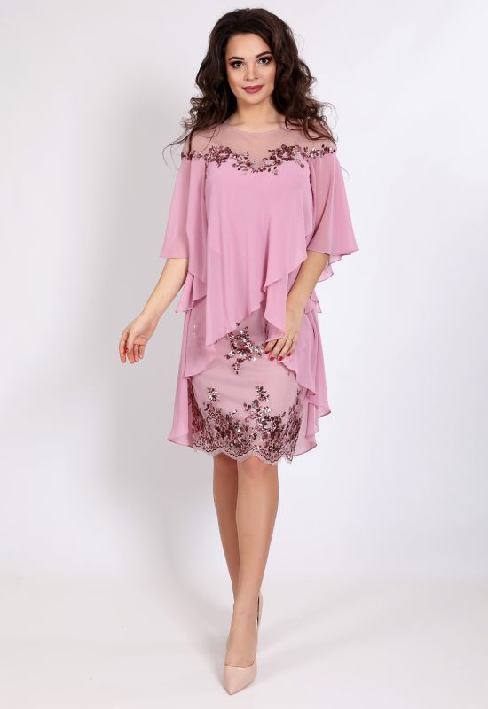 P 1047 Платье коктейльное с имитацией накидки из шифона (розовый)
