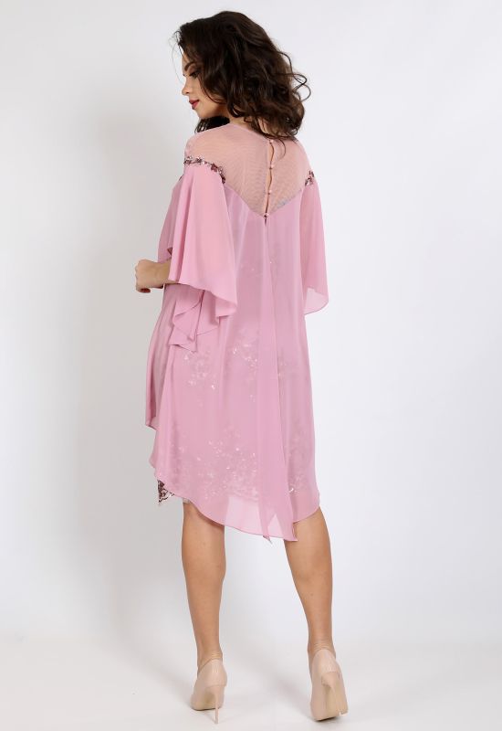 P 1047 Платье коктейльное с имитацией накидки из шифона (розовый)