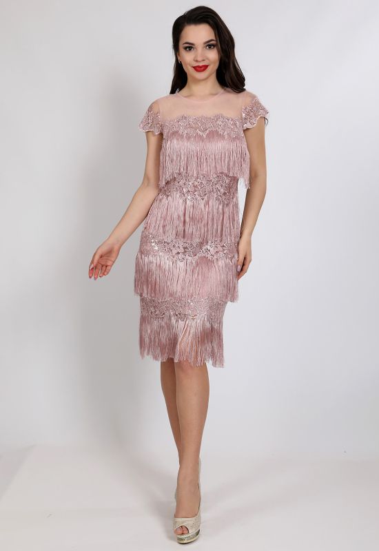 P 1059 Платье коктейльное из бахромы с пайеткой (розовый)